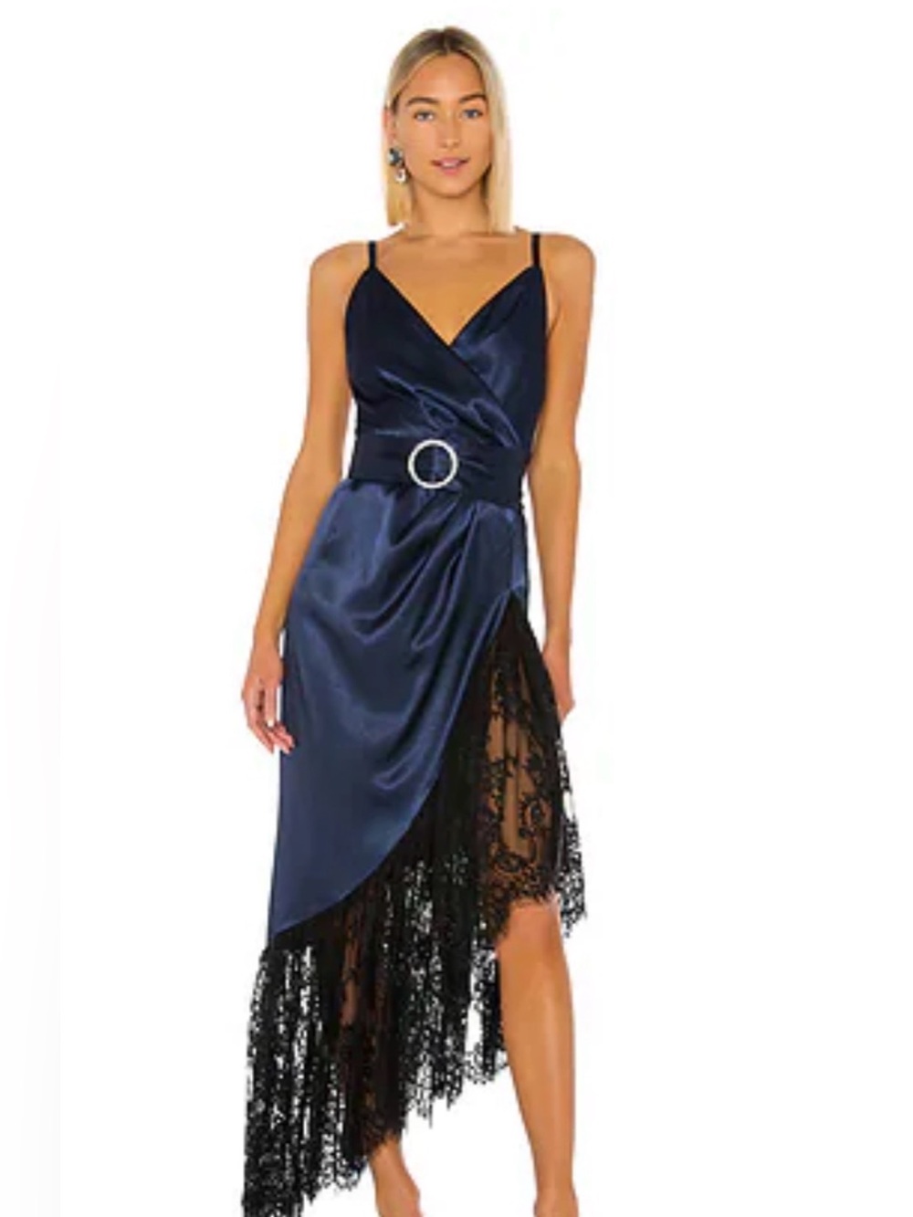 Navy Satin Wrap Dress with Lace Hem and Belt